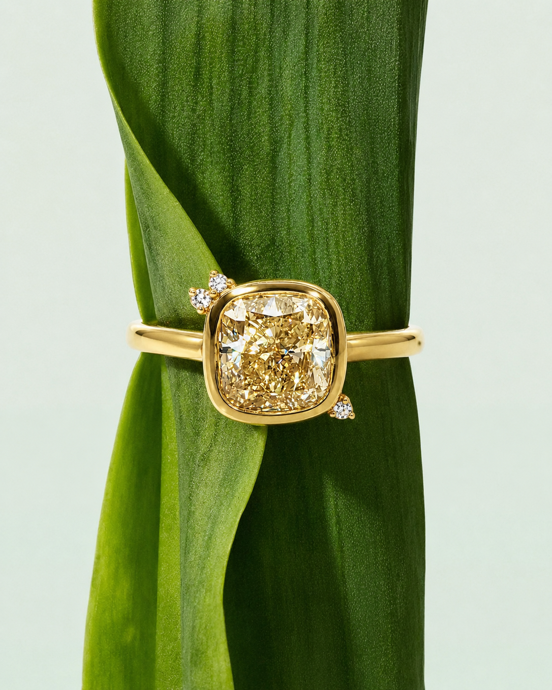 14k Gold Bezel Set 2.00 Carat Fancy Intense Yellow Cushion Lab-Grown Diamond Ring