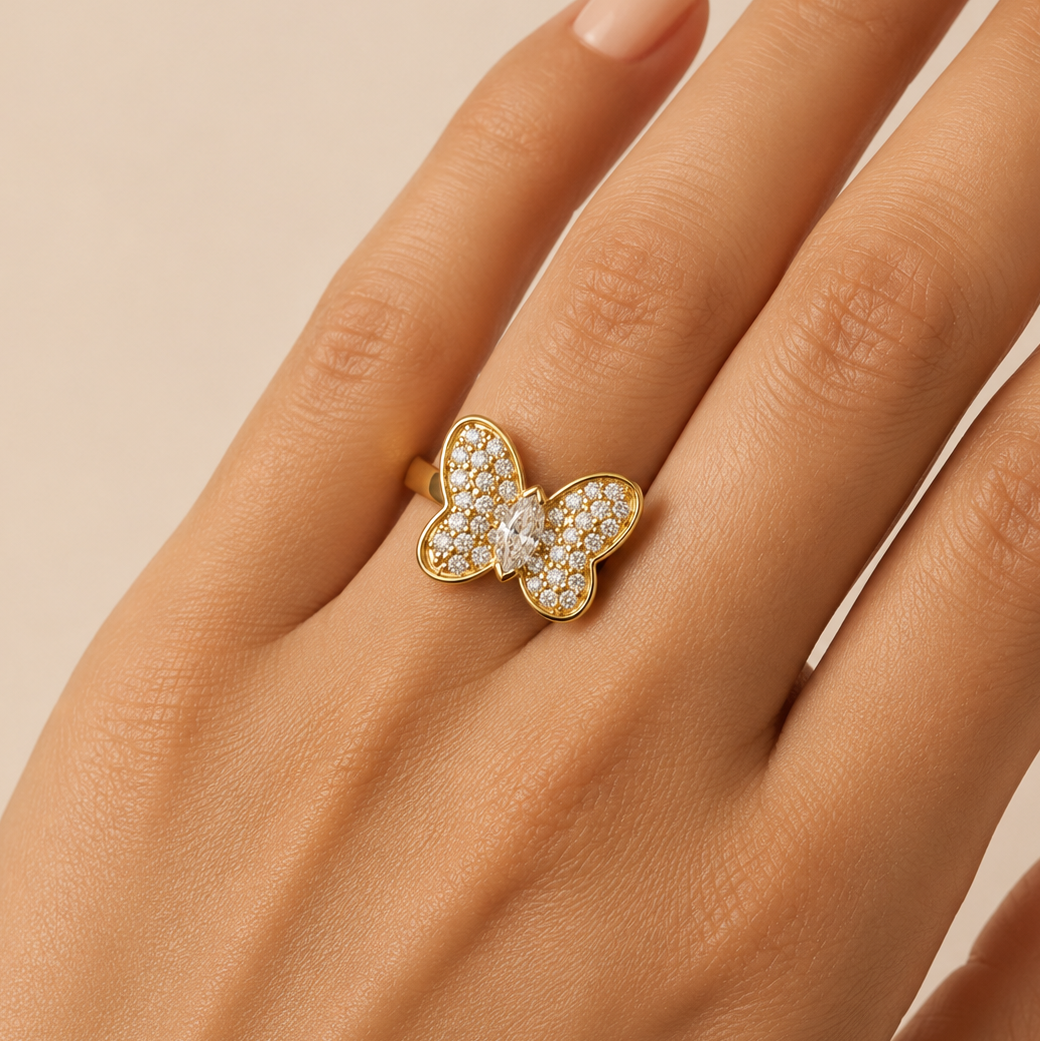 14k Gold Marquise Natural Diamond Butterfly Ring