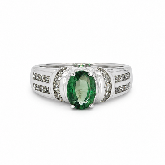 14k White Gold Natural Diamond & Mint Green Tourmaline Ring | 1.00tcw