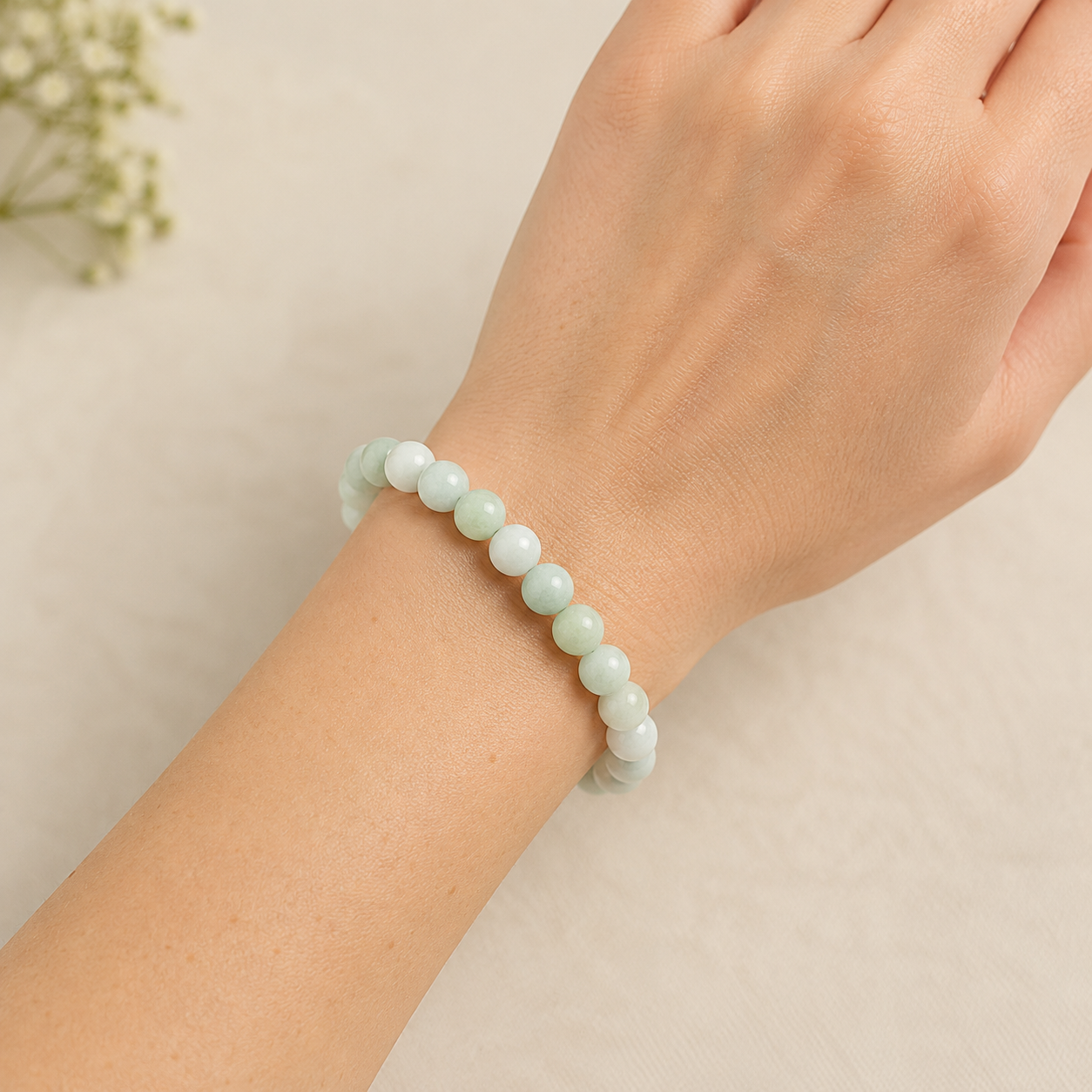 7mm A-Grade Natural Light Green Jadeite Bead Bracelet | 6.5"