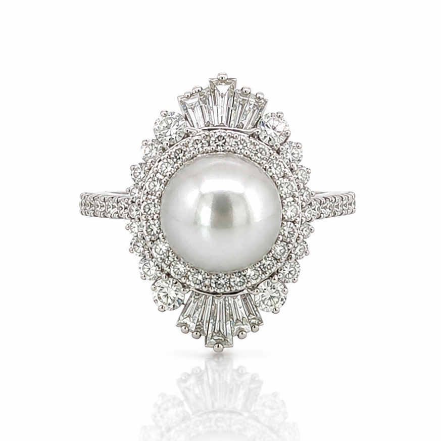 14k Gold 1.25ctw Natural Diamond Pearl Cocktail Ring | 8.5mm Pearl Statement Ring