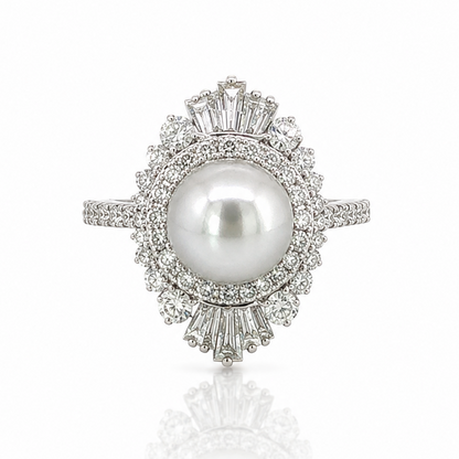14k Gold 1.25ctw Natural Diamond Pearl Cocktail Ring | 8.5mm Pearl Statement Ring