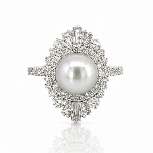 14k Gold 1.25ctw Natural Diamond Pearl Cocktail Ring | 8.5mm Pearl Statement Ring