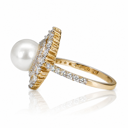 14k Gold 1.25ctw Natural Diamond Pearl Cocktail Ring | 8.5mm Pearl Statement Ring