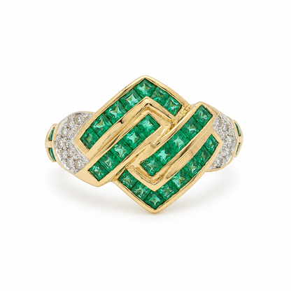 18k Yellow Gold Art Deco Style Estate Emerald & Diamond Ring | 0.38 tcw