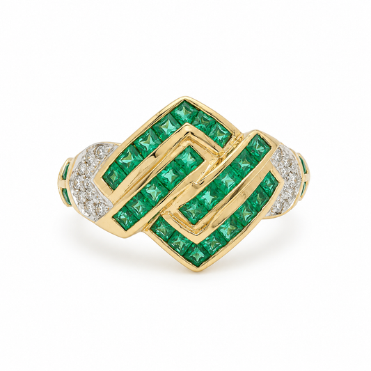 18k Yellow Gold Art Deco Style Estate Emerald & Diamond Ring | 0.38 tcw