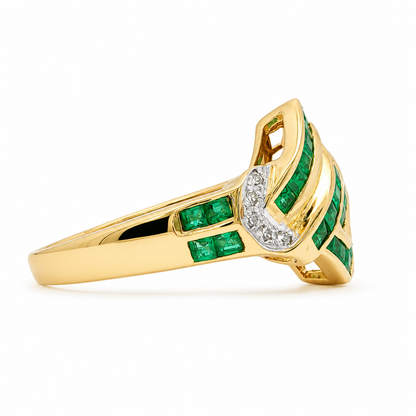 18k Yellow Gold Art Deco Style Estate Emerald & Diamond Ring | 0.38 tcw