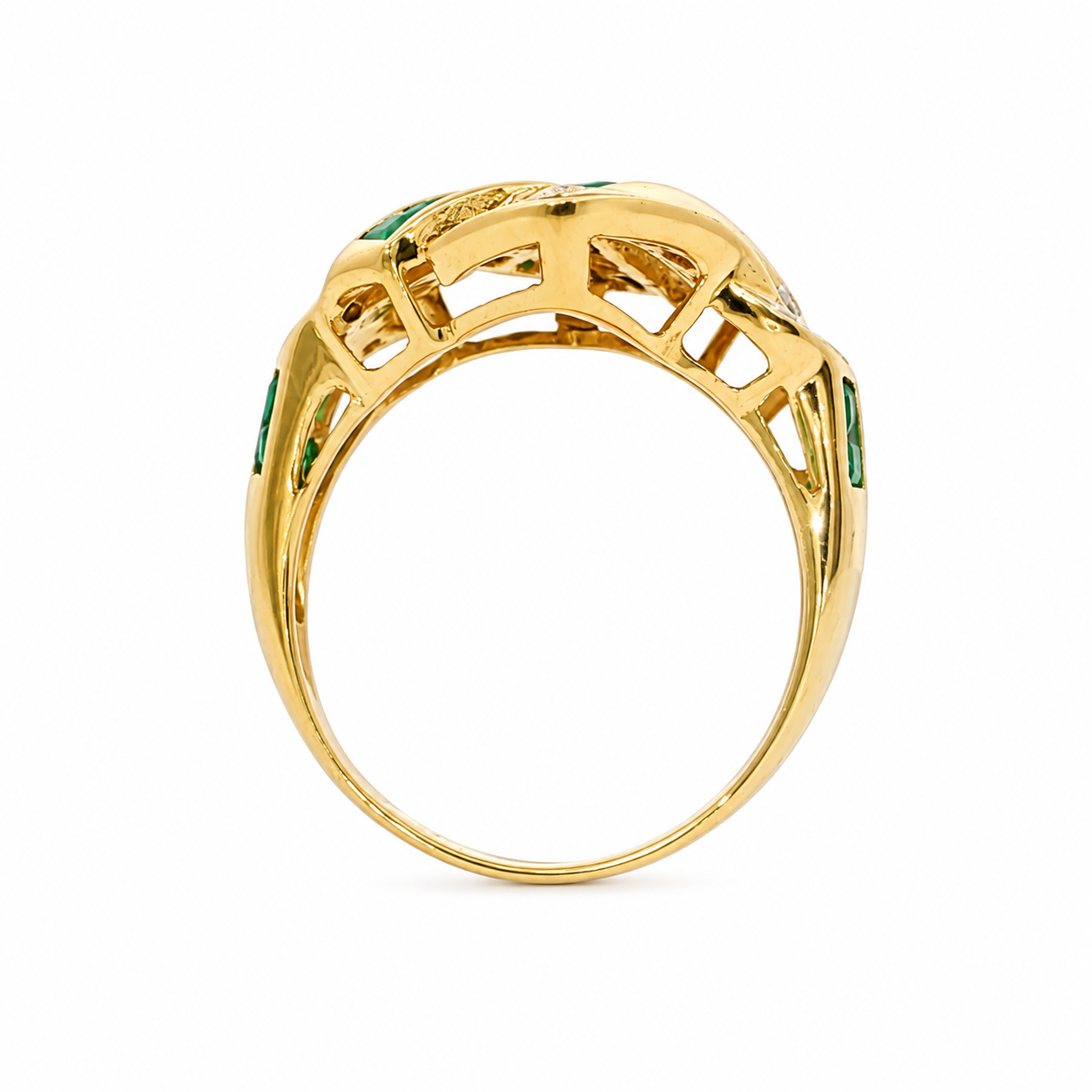 18k Yellow Gold Art Deco Style Estate Emerald & Diamond Ring | 0.38 tcw