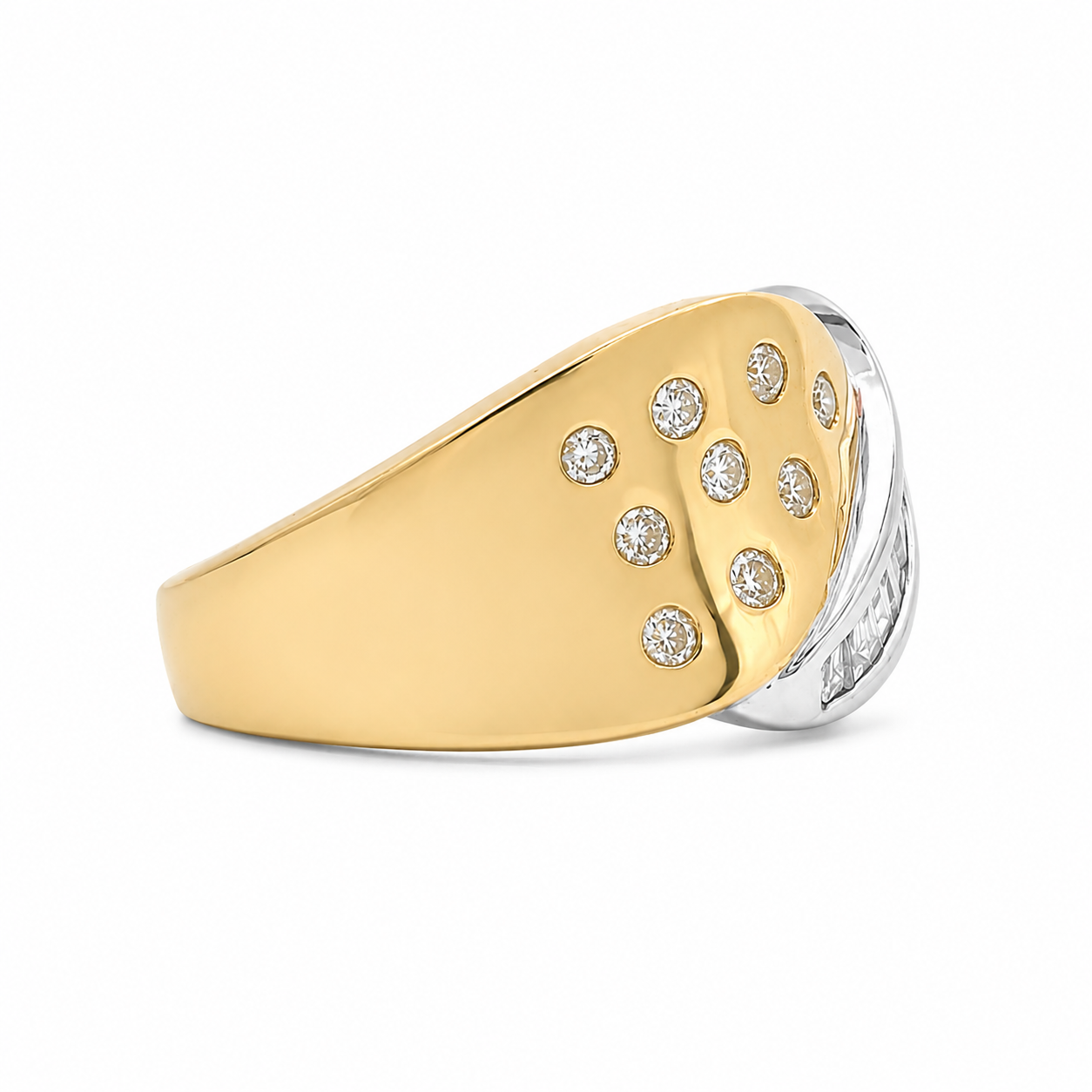 18k Yellow & White Gold Baguette & Round Natural Diamond Wave Ring | 0.70 tcw