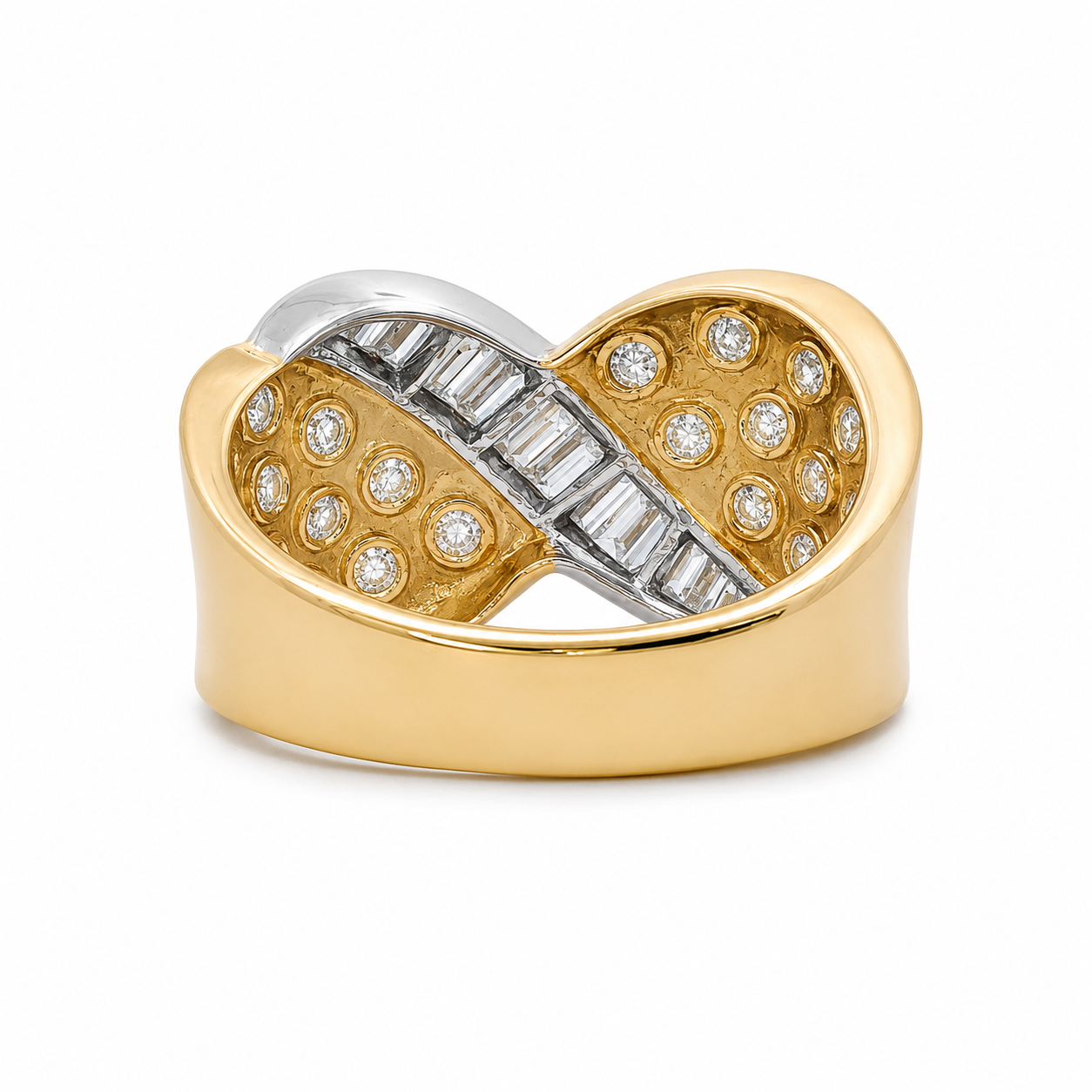 18k Yellow & White Gold Baguette & Round Natural Diamond Wave Ring | 0.70 tcw