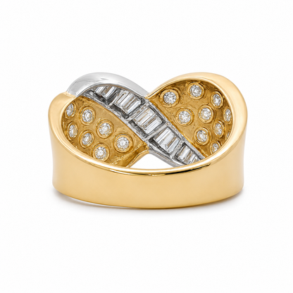 18k Yellow & White Gold Baguette & Round Natural Diamond Wave Ring | 0.70 tcw