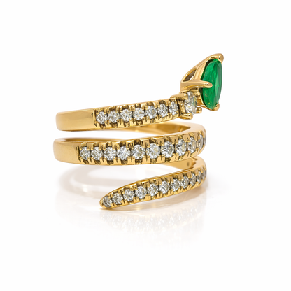 18k Gold Natural Diamond and Colombian Emerald Serpent Ring