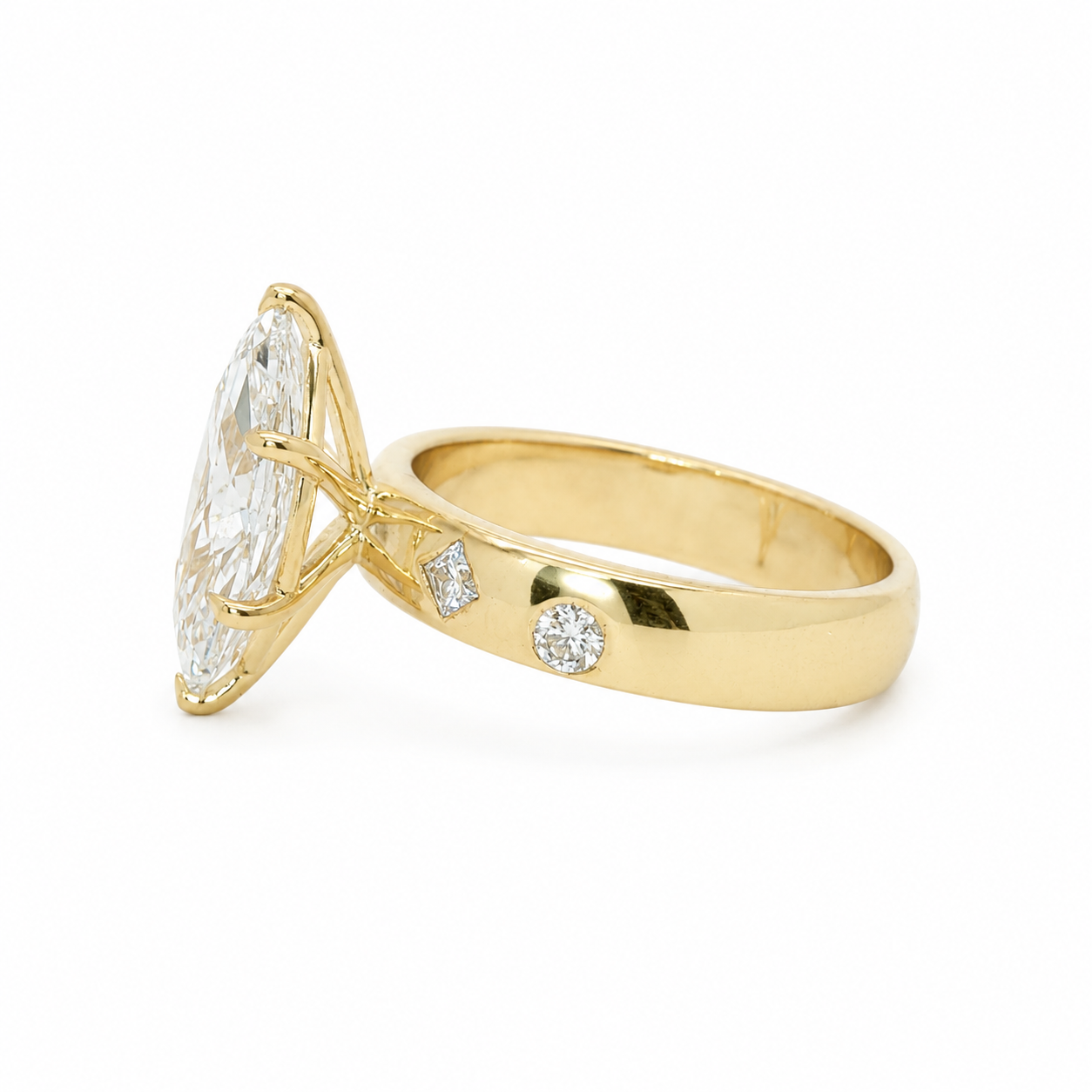 14k Gold 3.02ct Marquise Cut Lab Diamond Cigar Band Ring with Mixed Cut Accents | E/VS1