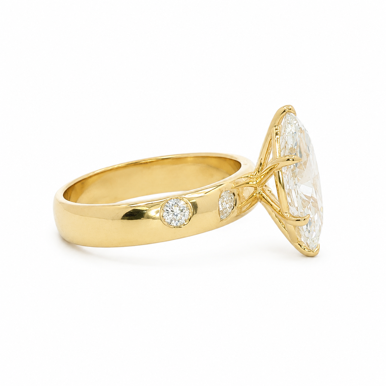 14k Gold 3.02ct Marquise Cut Lab Diamond Cigar Band Ring with Mixed Cut Accents | E/VS1