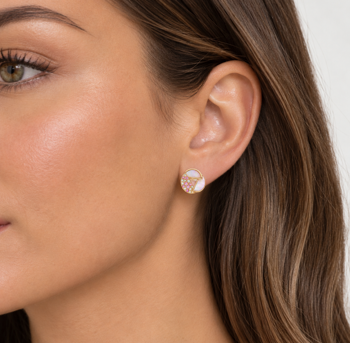 18k Gold Pink Sapphire, Diamond and Mother of Pearl Stud Earrings | 0.14tcw Diamonds