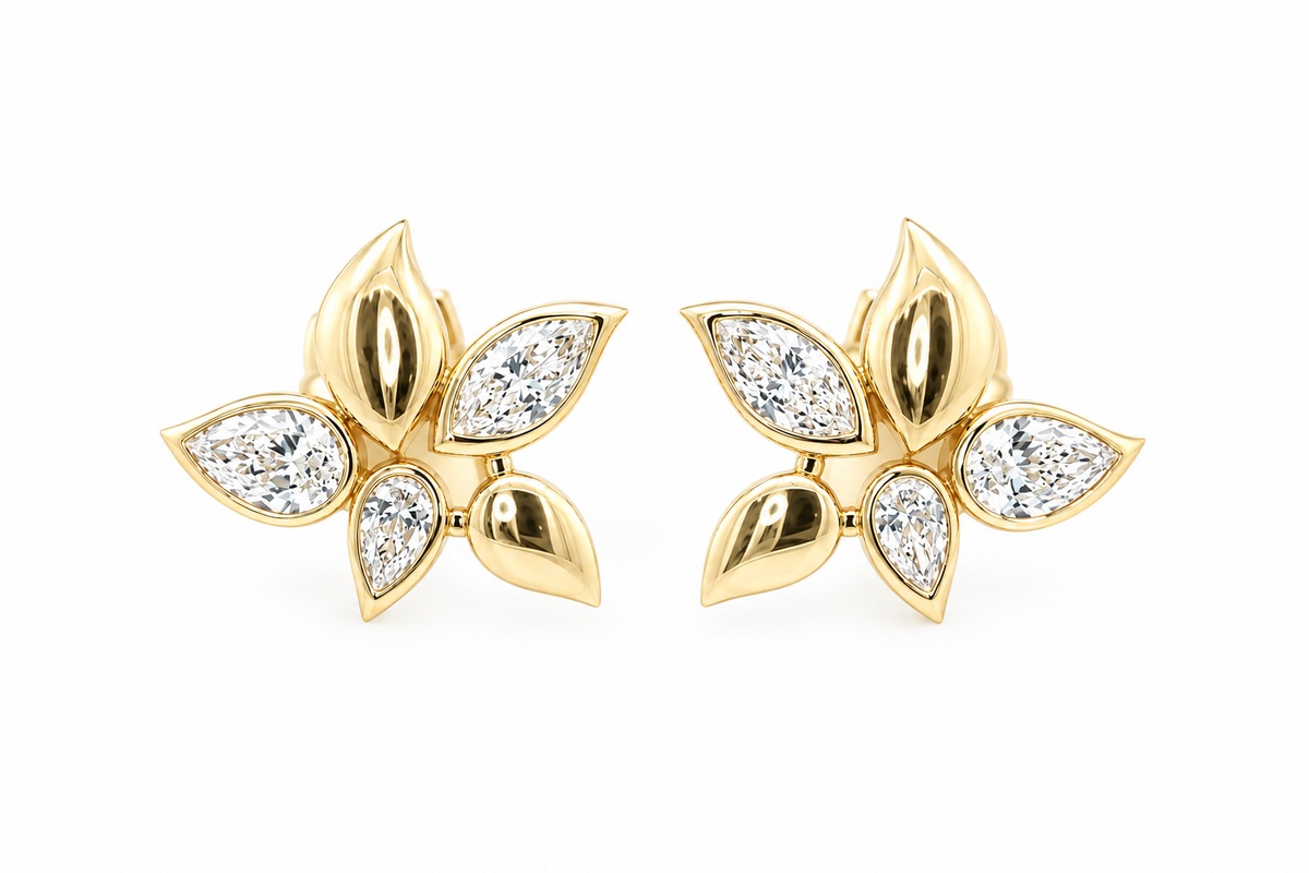 14k Gold Natural Diamond Flower Stud Earrings | 1.12tcw