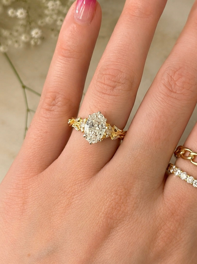14k Gold 2ct E/VS1 Oval Lab Diamond Engagement Ring with Marquise Floral Accents