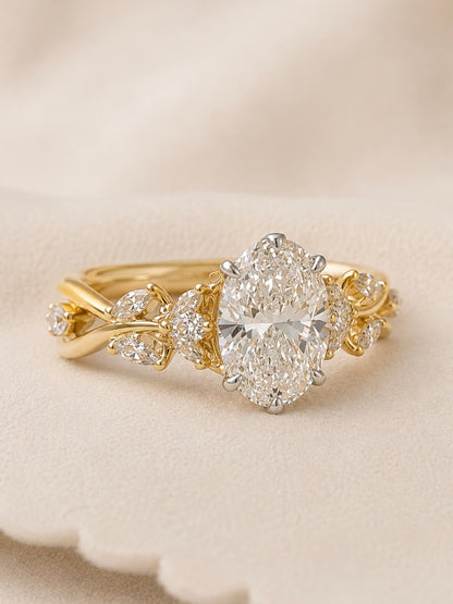 14k Gold 2ct E/VS1 Oval Lab Diamond Engagement Ring with Marquise Floral Accents