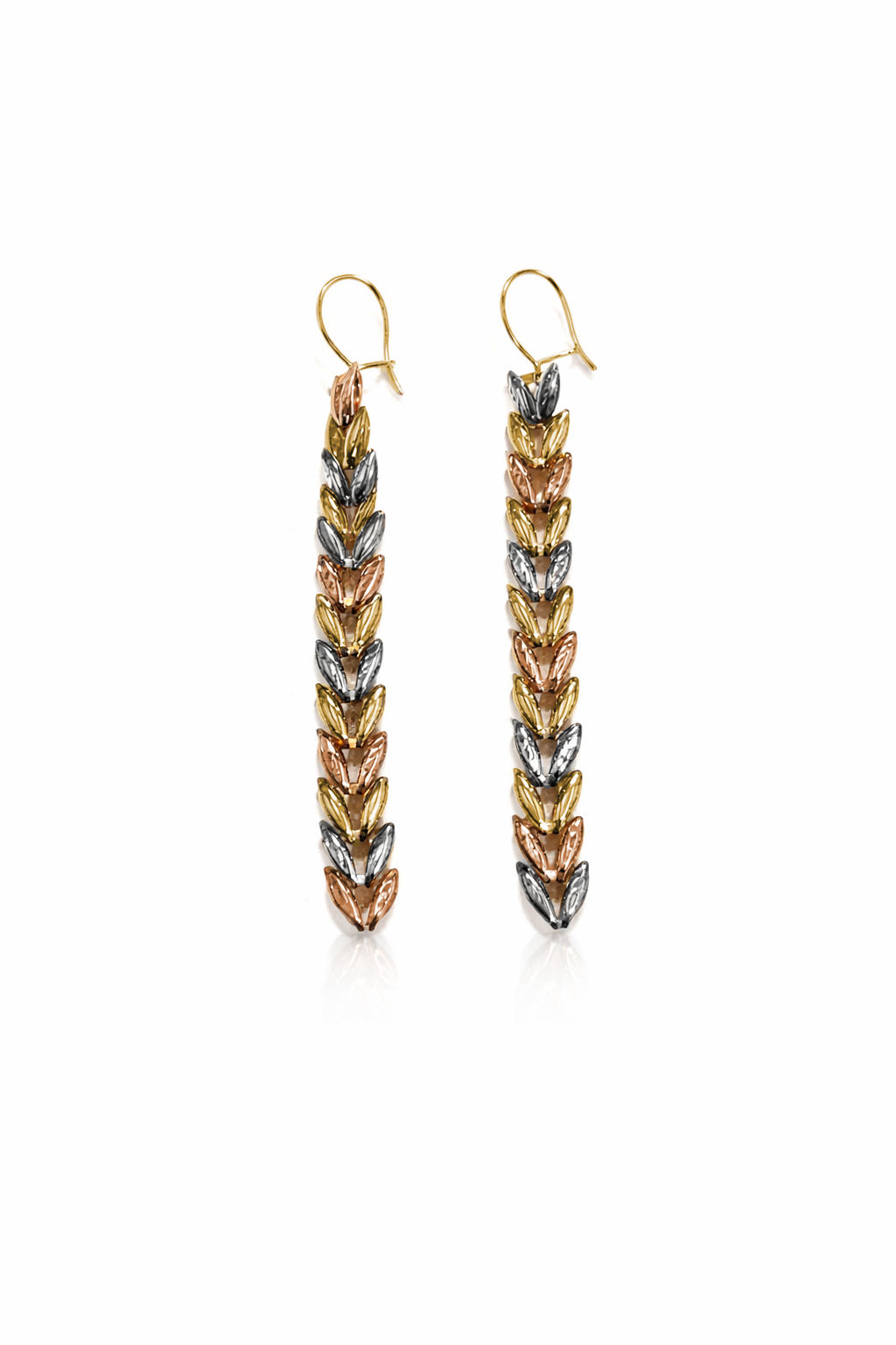 14k Tri-Color Gold Leaf Drop Earrings | 3" Length