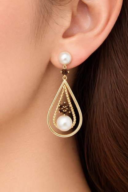 14k Yellow Gold Chocolate & Champagne Diamond Drop Earrings with Freshwater Pearls