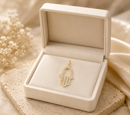 14k Yellow Gold Natural Diamond Hamsa Hand Pendant (0.13ctw)