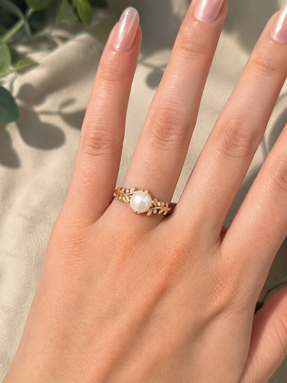 18k Rose Gold Pearl and Diamond Leaf Bypass Ring