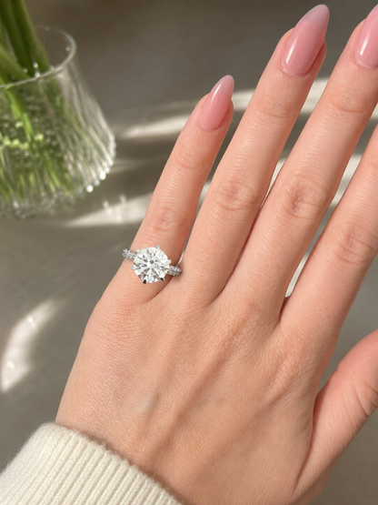 14k White Gold Pave Knife Edge Engagement Ring | 3.04ct Lab Diamond | Six Prong Setting