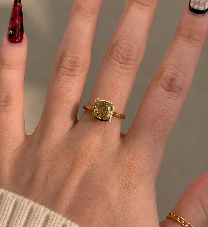 14k Gold Bezel Set 2.00 Carat Fancy Intense Yellow Cushion Lab-Grown Diamond Ring