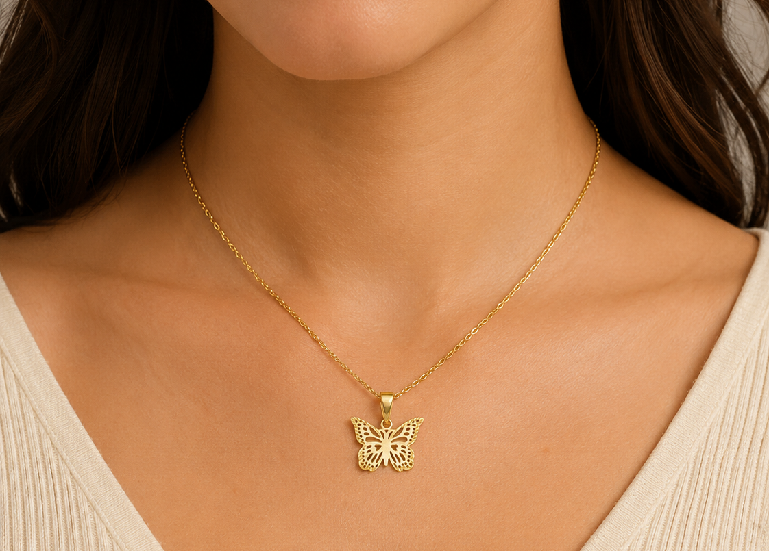 14k Gold Butterfly Pendant | Intricate Laser-Cut Design 2cm x 2cm
