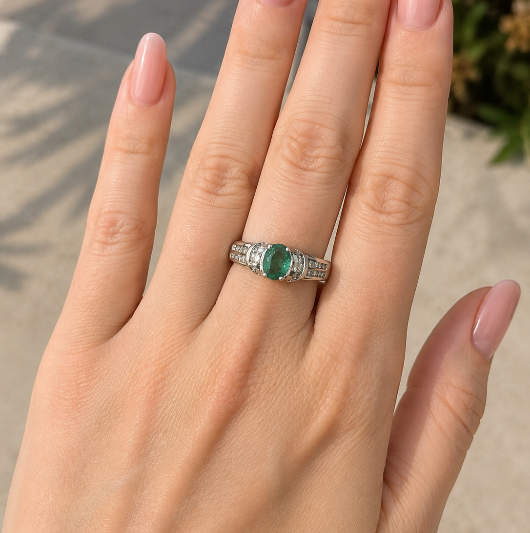 14k White Gold Natural Diamond & Mint Green Tourmaline Ring | 1.00tcw