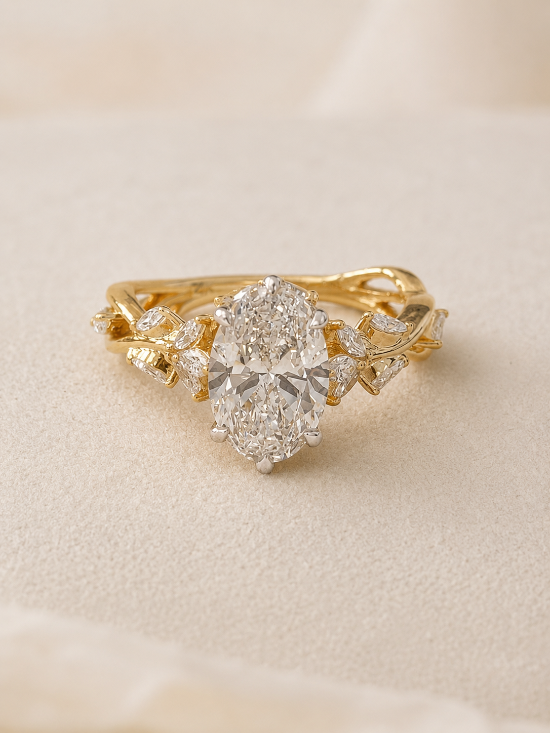 14k Gold 2ct E/VS1 Oval Lab Diamond Engagement Ring with Marquise Floral Accents