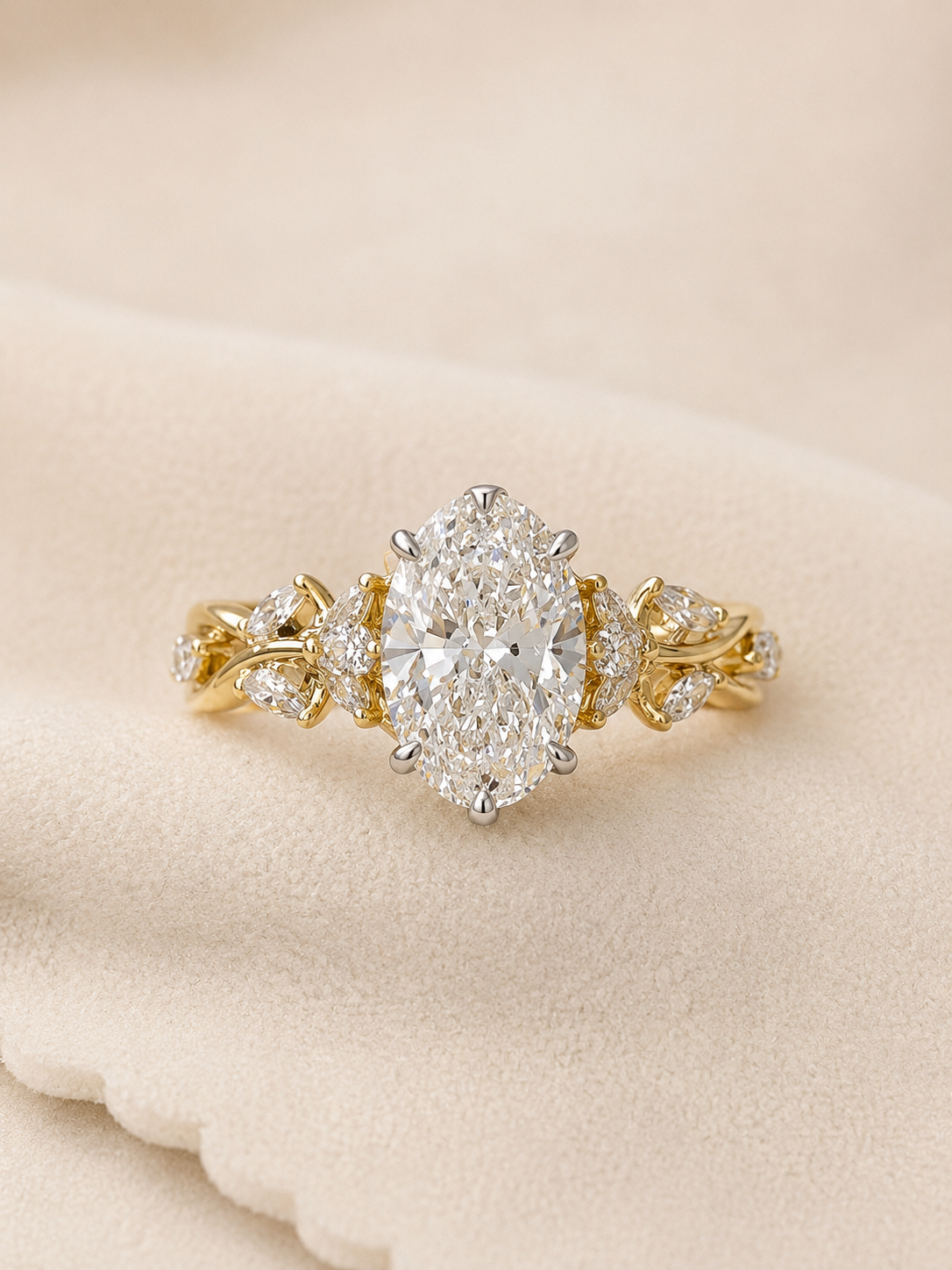 14k Gold 2ct E/VS1 Oval Lab Diamond Engagement Ring with Marquise Floral Accents