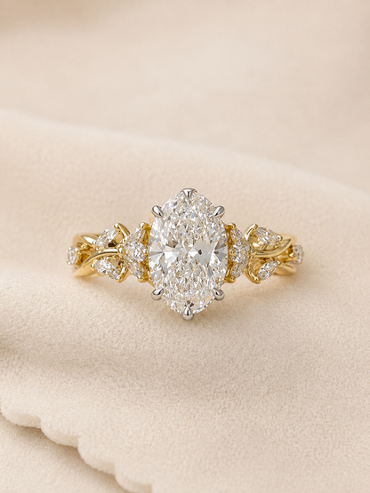 14k Gold 2ct E/VS1 Oval Lab Diamond Engagement Ring with Marquise Floral Accents