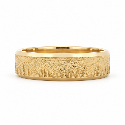 14k Gold Mountain Range Band | Soft Matte Finish | Beveled High-Polish Edge | Size 9