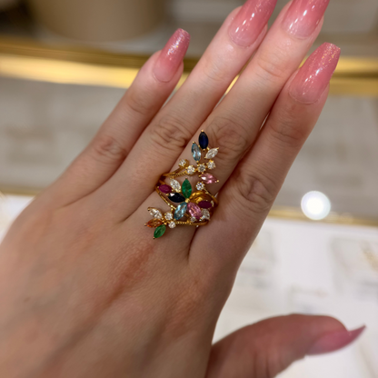 14k Yellow Gold Multicolor Natural Gemstone & Lab-Grown Diamond Statement Ring | 0.987ctw