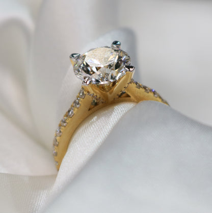 3.05 Carat Round Brilliant Lab Grown Diamond in 18k Yellow Gold Pave Cathedral Setting