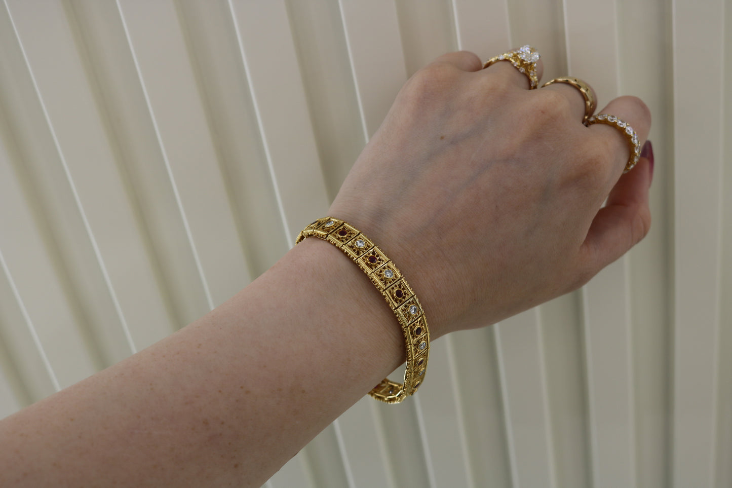 18K Gold Ruby & Natural Diamond Filigree Link Bracelet