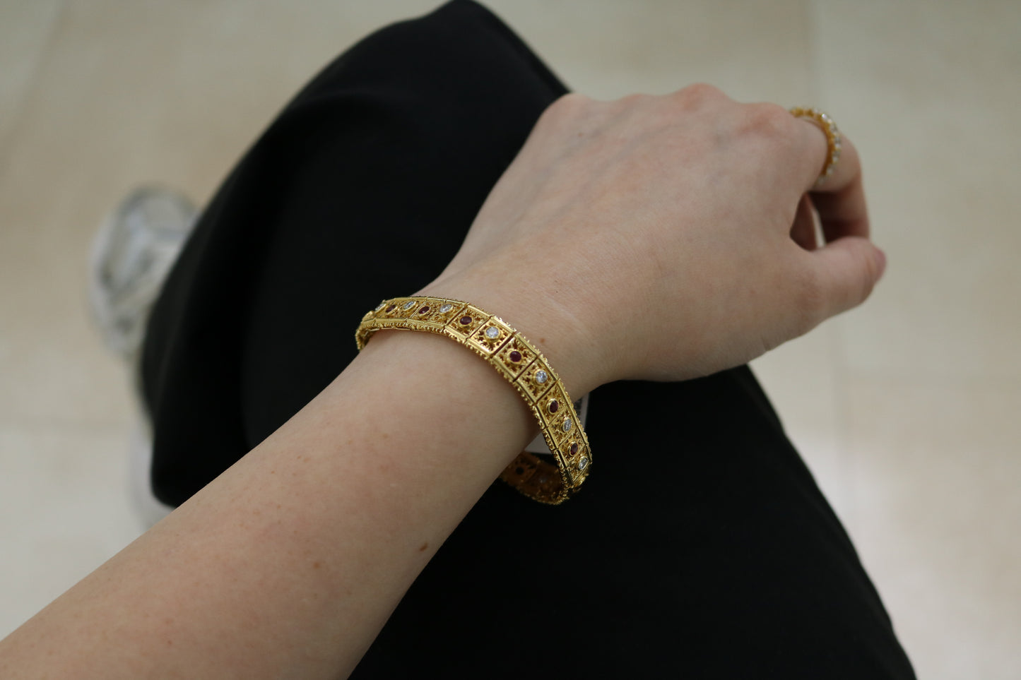 18K Gold Ruby & Natural Diamond Filigree Link Bracelet