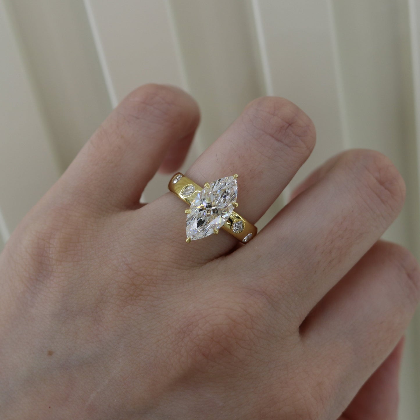 14k Gold 3.02ct Marquise Cut Lab Diamond Cigar Band Ring with Mixed Cut Accents | E/VS1