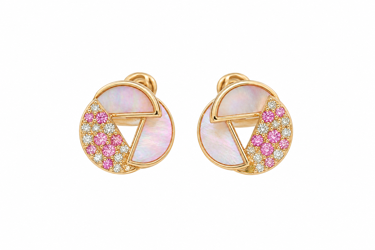 18k Gold Pink Sapphire, Diamond and Mother of Pearl Stud Earrings | 0.14tcw Diamonds