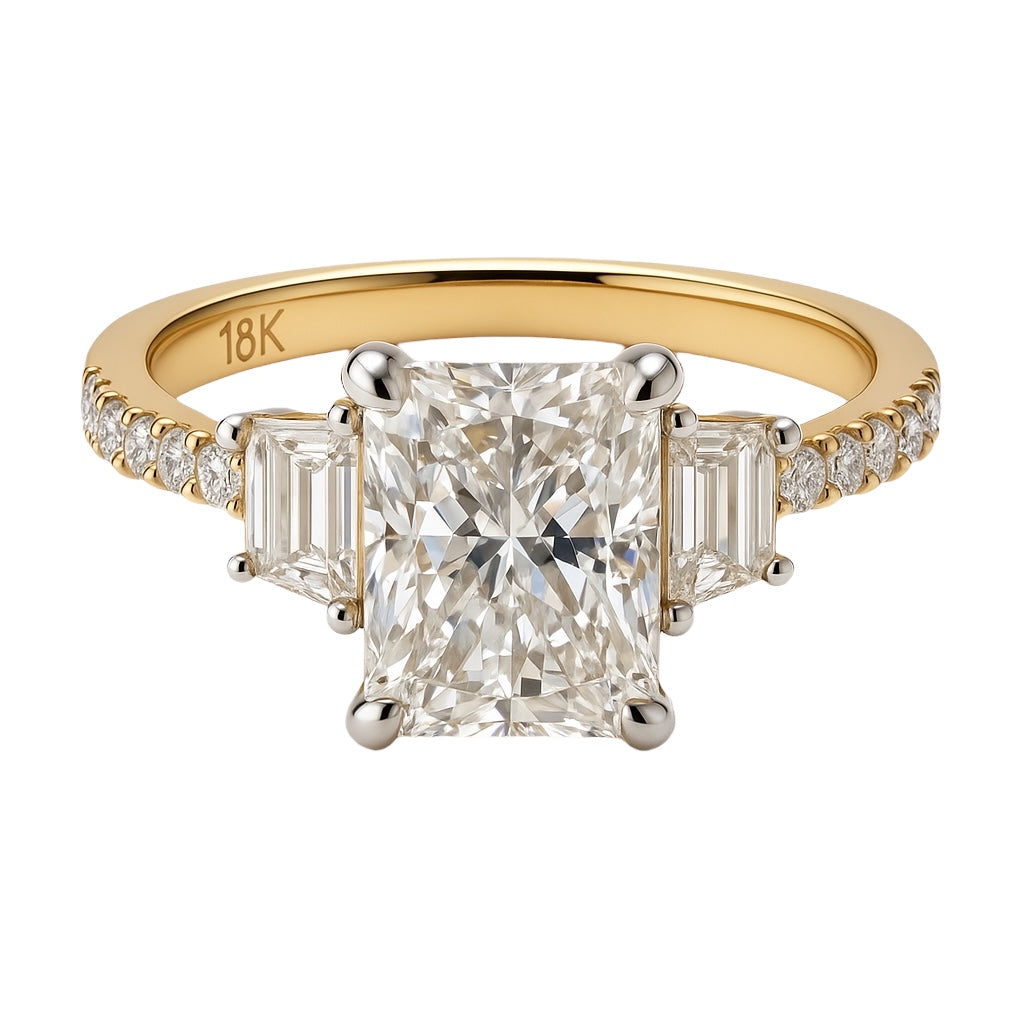 3.02 carat Radiant Lab Grown Diamond Center: 3-Stone in 18k Yellow Gold (VS1/E)