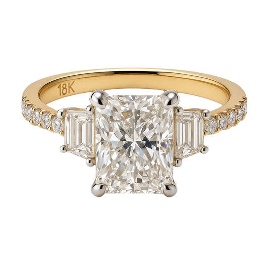 3.02 carat Radiant Lab Grown Diamond Center: 3-Stone in 18k Yellow Gold (VS1/E)