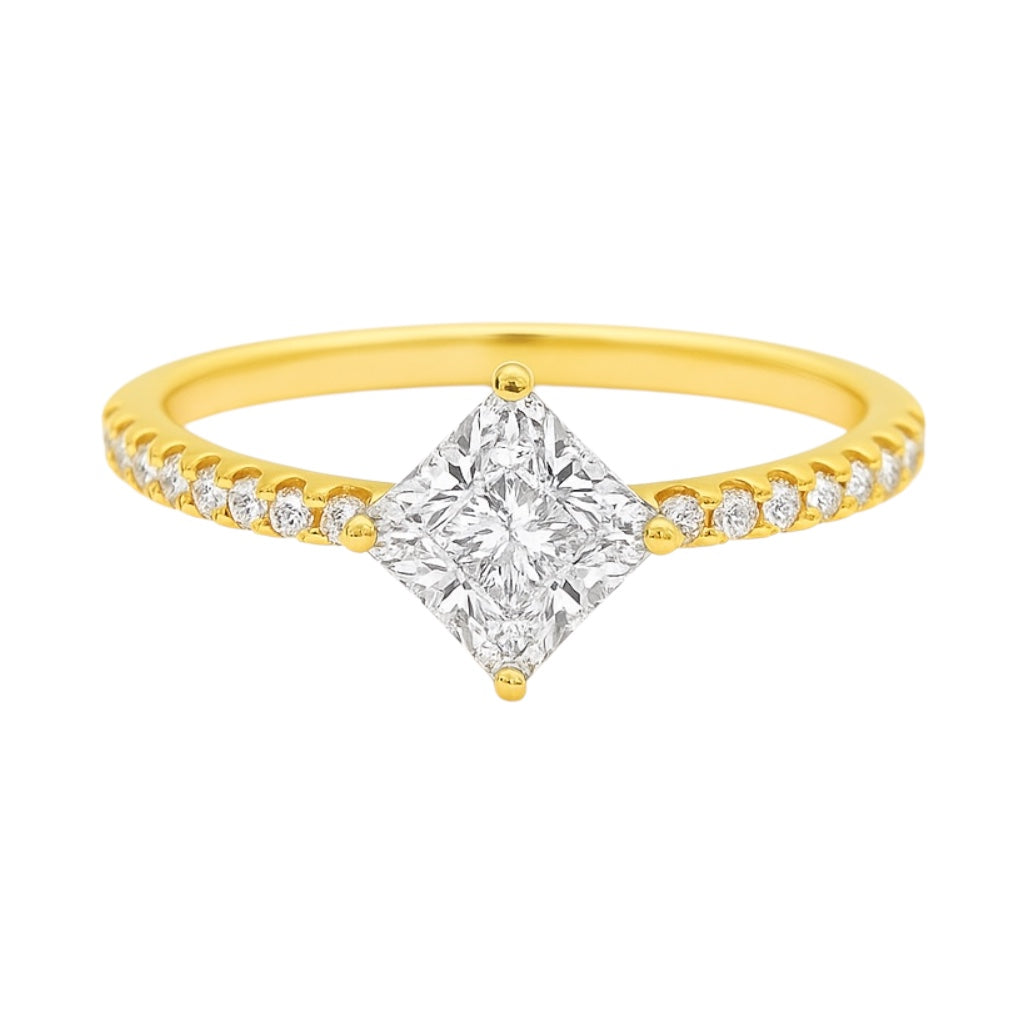 14k Yellow Gold Invisible Setting Round Cut Square Shaped Natural Diamond Engagement Ring
