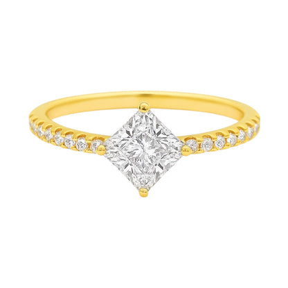 14k Yellow Gold Invisible Setting Round Cut Square Shaped Natural Diamond Engagement Ring
