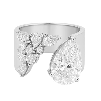 5 Carat Pear and 8.66 Carat Mixed Shape Diamond Open Cuff Ring in 18k White Gold