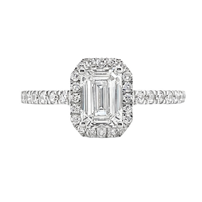 1.01 Carat Emerald Cut Halo Lab Grown Diamond in 18k White Gold with Pavé Cathedral Setting