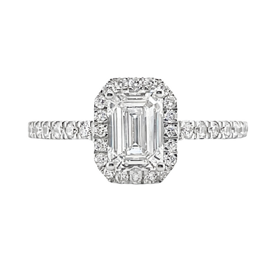 1.01 Carat Emerald Cut Halo Lab Grown Diamond in 18k White Gold with Pavé Cathedral Setting