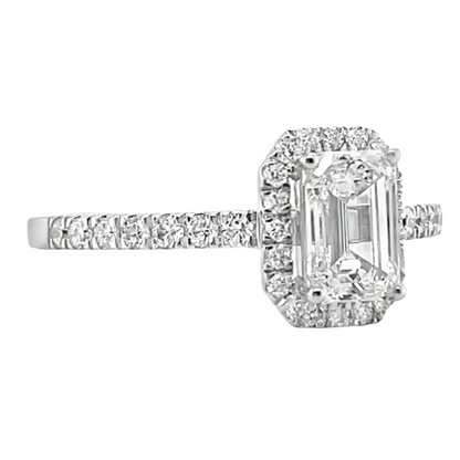 1.01 Carat Emerald Cut Halo Lab Grown Diamond in 18k White Gold with Pavé Cathedral Setting