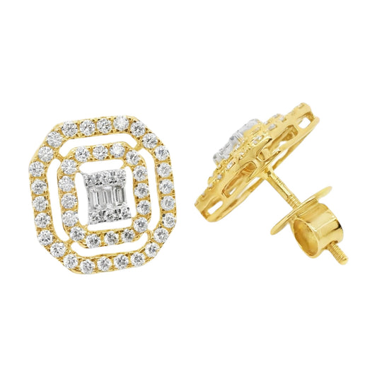 14K Solid Gold Baguette Pavé Diamond Octagon Halo Screwback Earrings 0.94 Ct. T.W