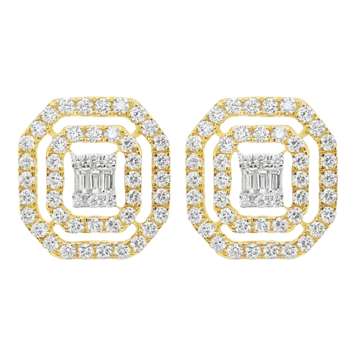 14k Solid Gold Baguette Pavé Diamond Octagon Halo Screwback Earrings 0.94 Ct. T.W
